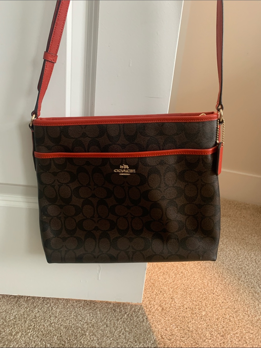 Coach Brown Crossbody with Red Trim